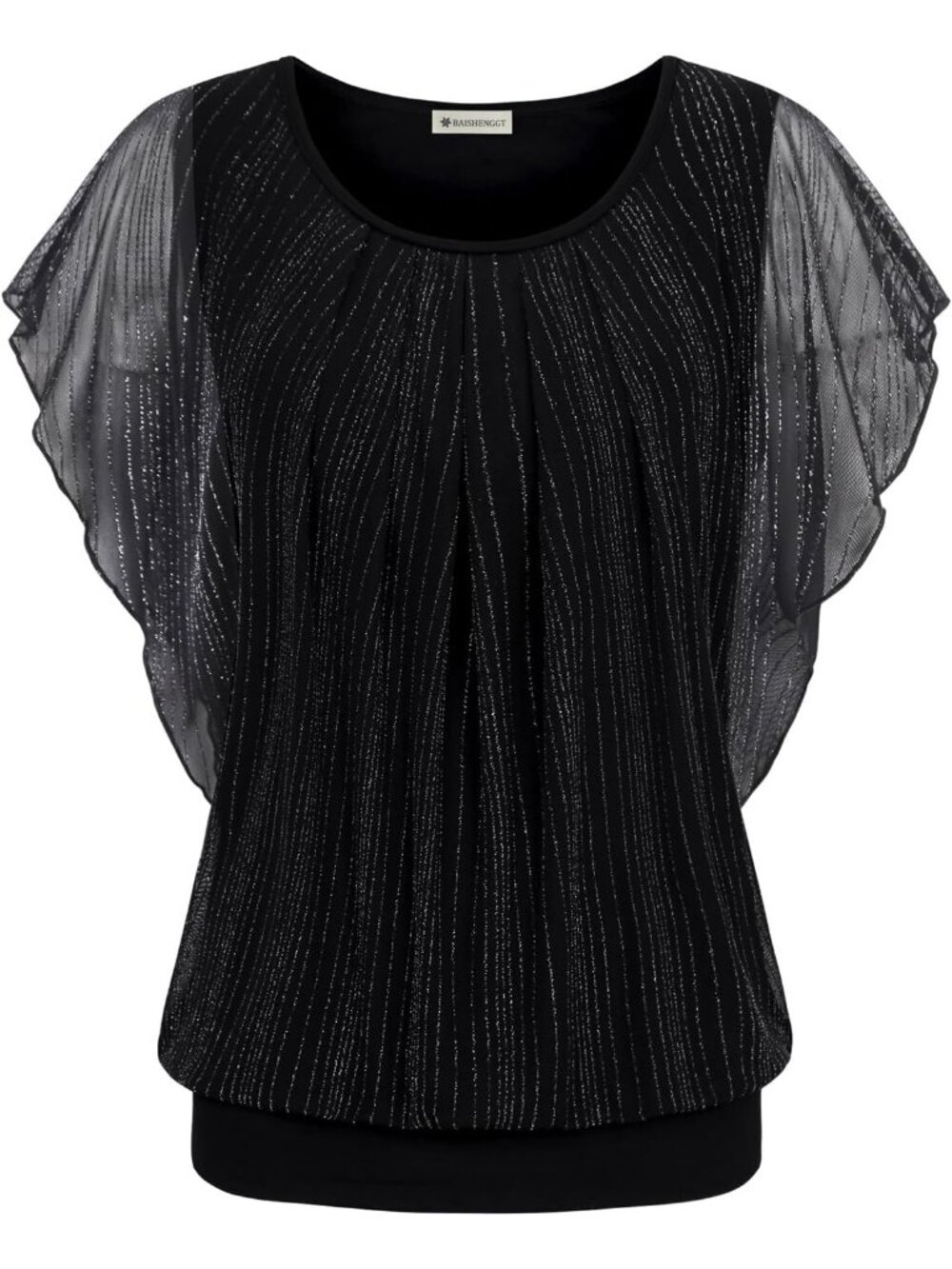 Women's Black Silver Line Summer Tops Flutter Short Sleeve Casual Blouses Shirts